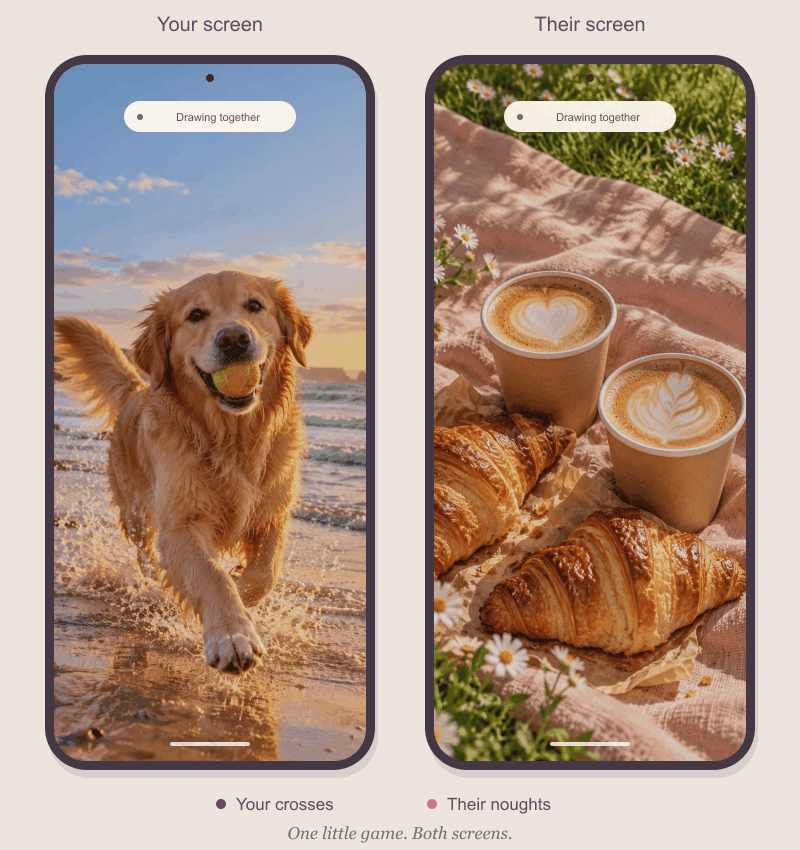 Two phones side by side with different wallpapers. A noughts-and-crosses grid and alternating plum crosses and rose noughts draw in sequence on both screens.